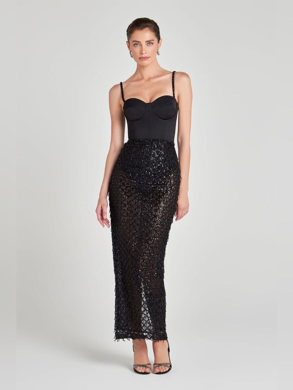 NADINE MERABI VALENTINA BLACK Bustier Midi Dress with Beaded Skirt Size 14 XXL